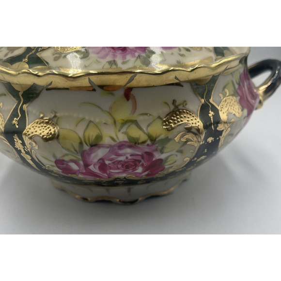 VTG Japanese‎ Porcelain Moriage Hand Painted 2 Handles Covered Serving Bowl Gold - Picture 7 of 15